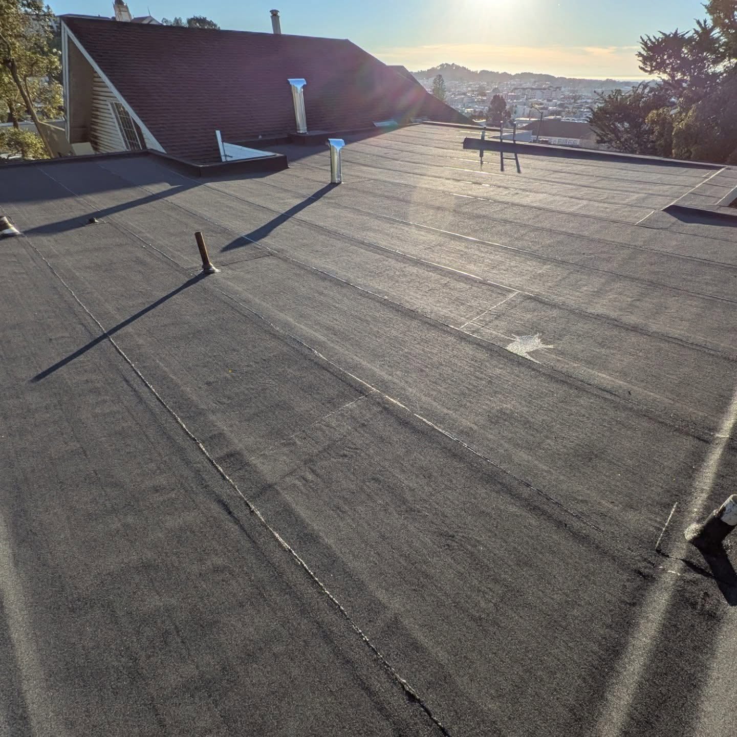 Torch-down flat roof at sunrise in San Francisco