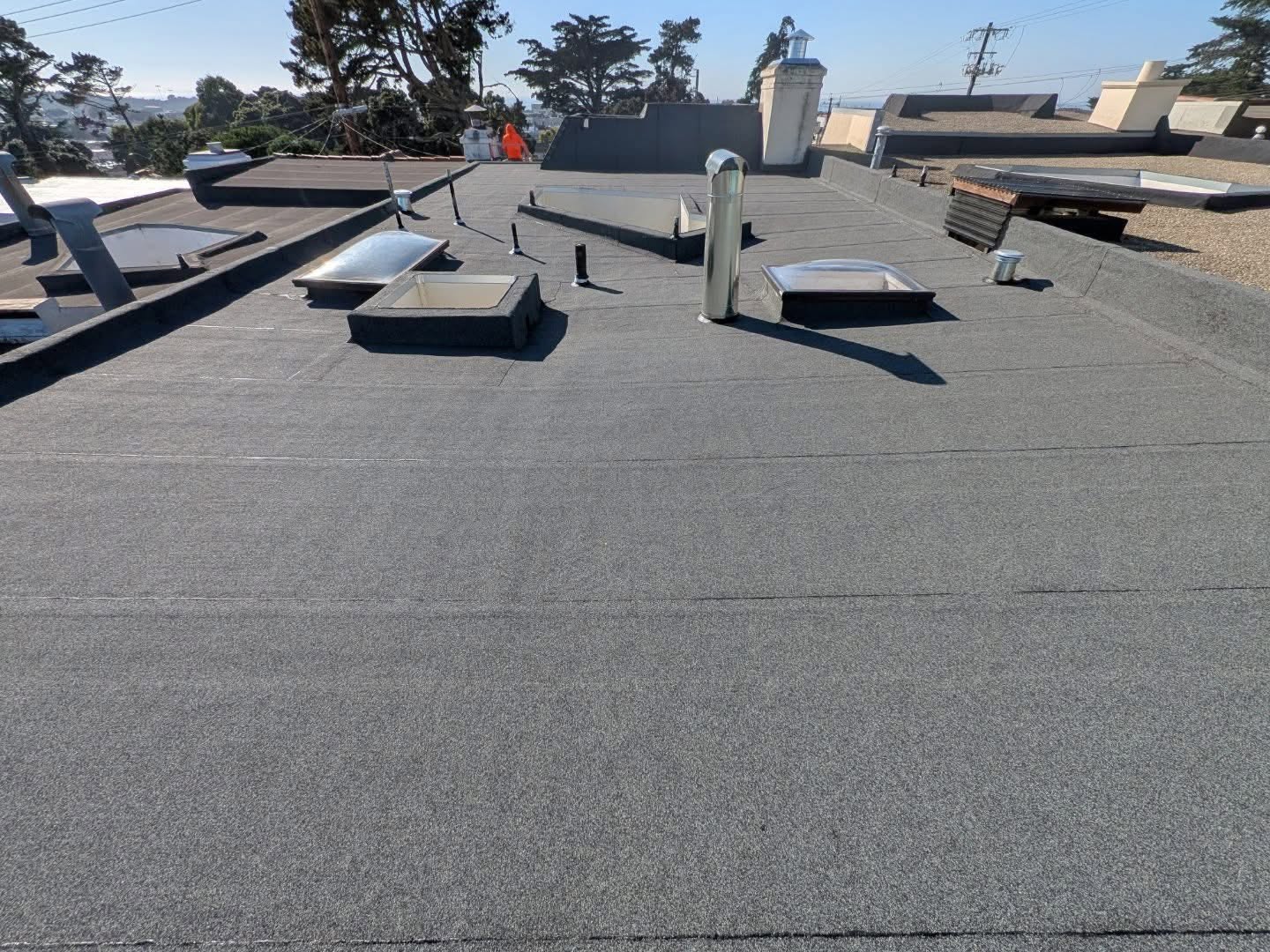 Flat roof with new skylights and flashing